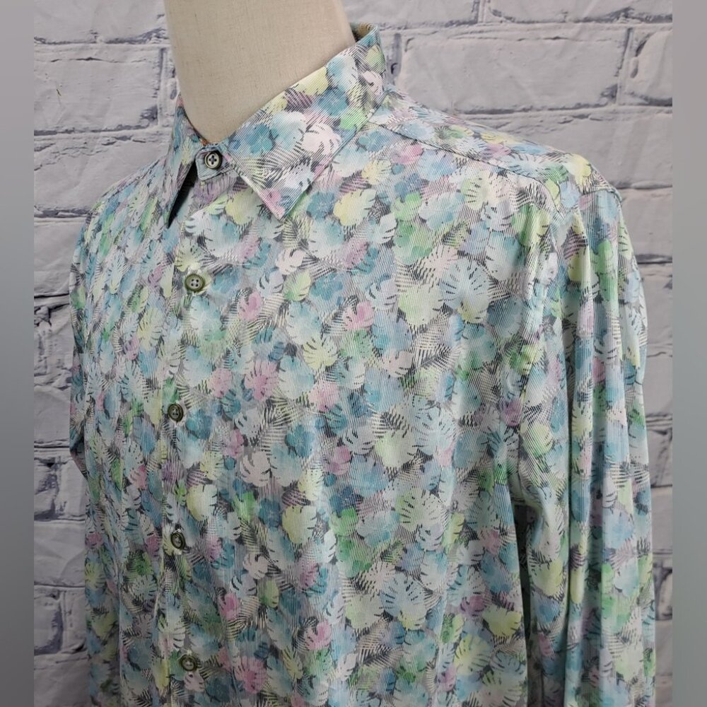 Robert Graham Men's Button Down Shirt Floral Tropical Leaf Classic Fit Blue XL
